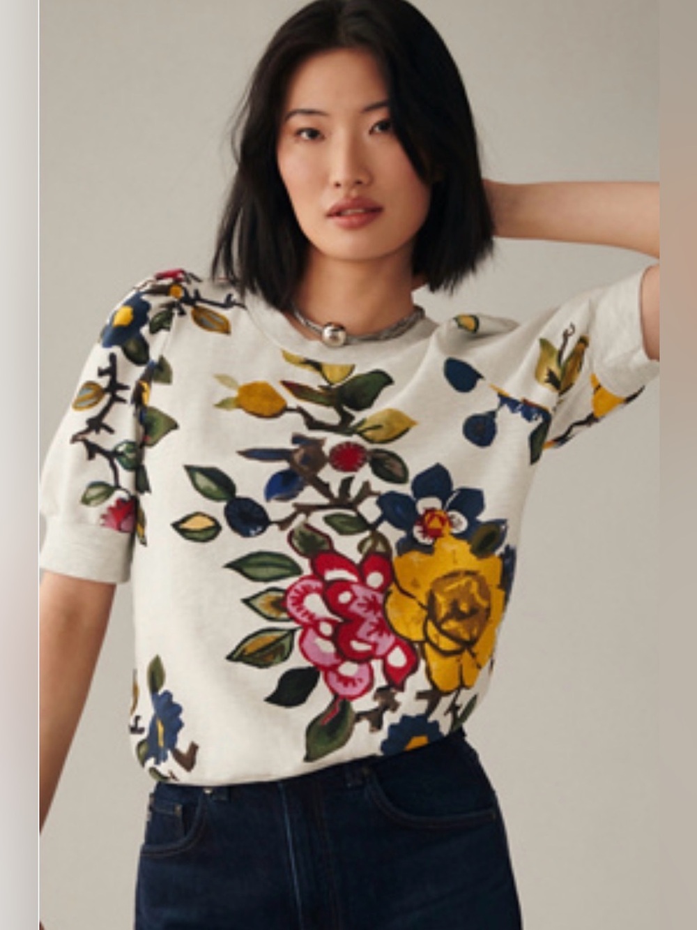 Anthropologie Short Sleeve Floral Tee in Light Gray with Yellow, Pink & Navy